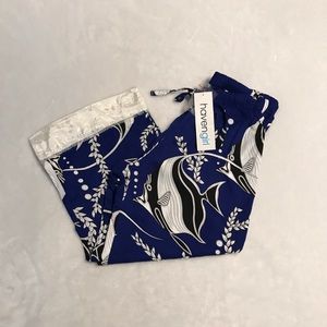 Blue capri cropped pants tropical indigo fish beads🏝🐟🎏